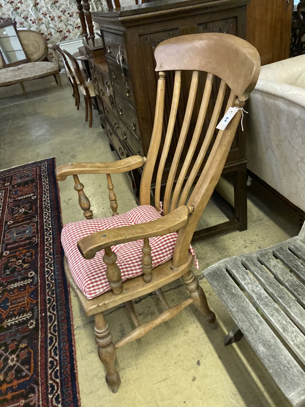 A Victorian elm and beech lathe back Windsor armchair, width 57cm, depth 50cm, height 160cm